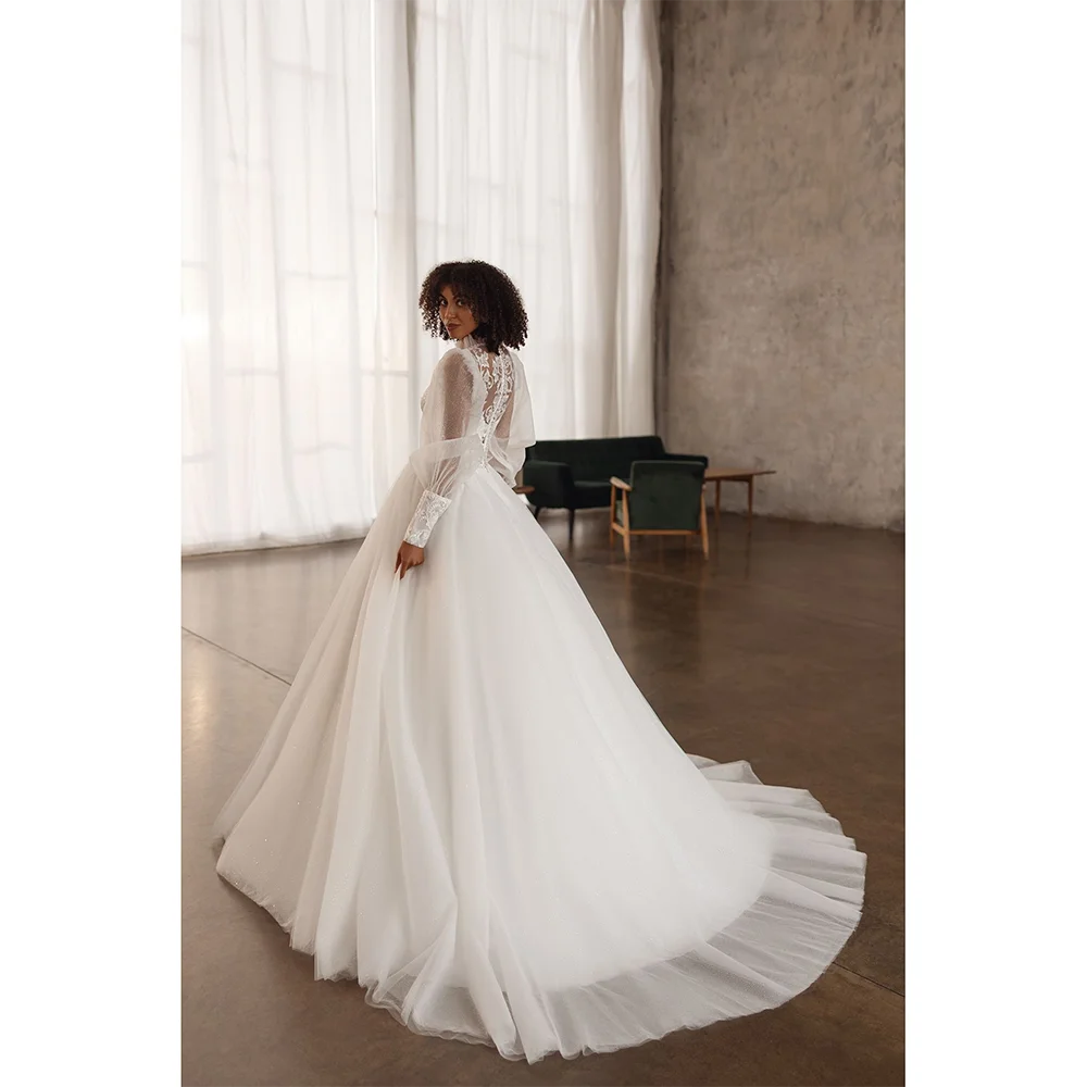 فستان زفاف عربي للمرأة العروس مخصص ذوي الياقات العالية وأكمام طويلة سويب تراين على شكل حرف a فستان زفاف فيستدو دي نويفا