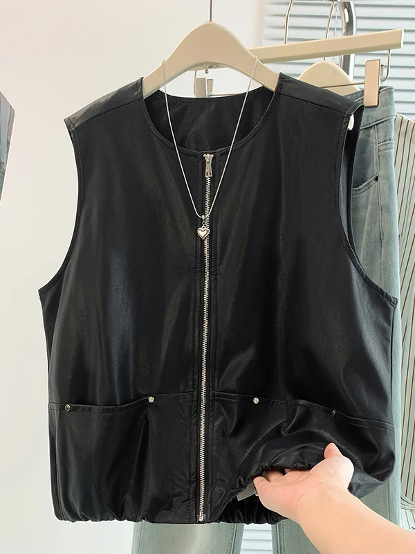 Authentic round Neck PU Leather Vest Women's Loose Casual Versatile Sleeveless Jacket Fall New Style Comfortable Zipper Closure