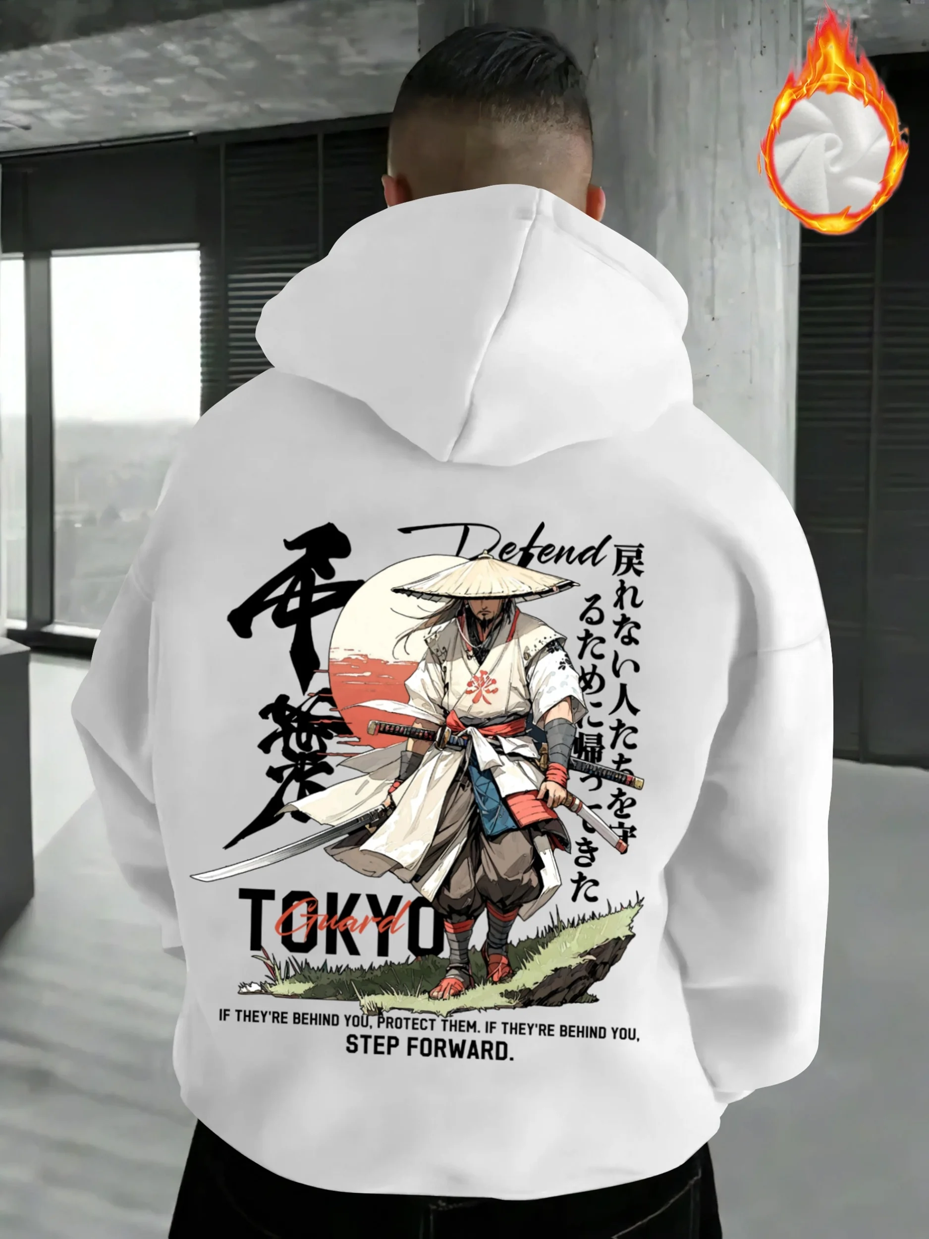 Men's Autumn-winter Hand-painted Trendy Print Hooded Sweatshirt, Featuring A Solitary Anime Warrior and Sword-shaped Pattern