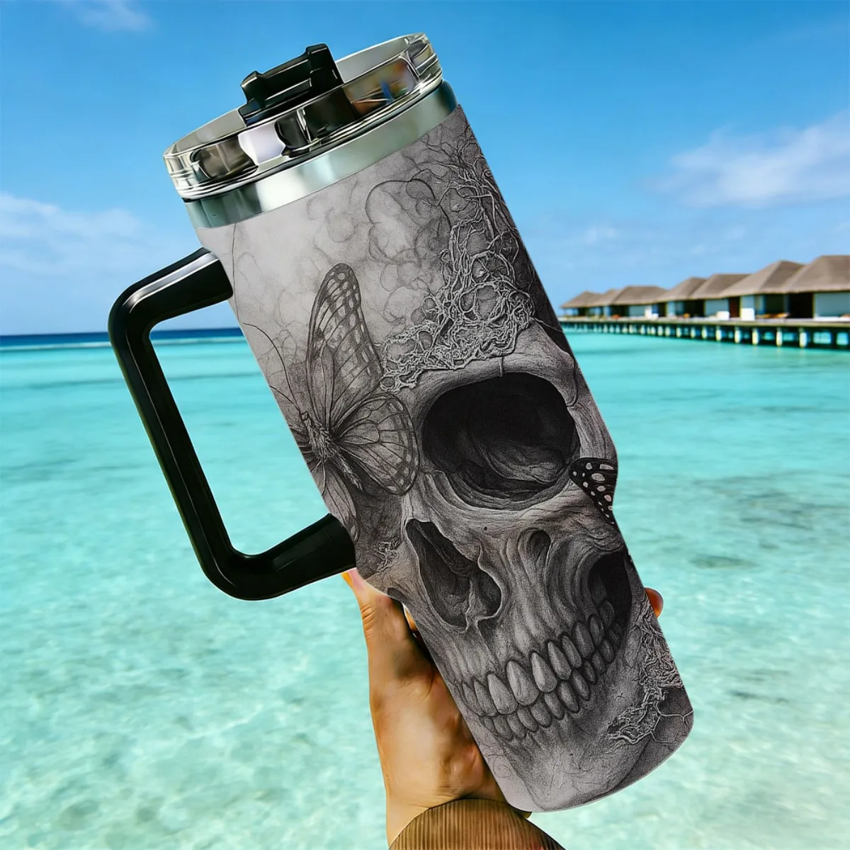 40oz Black White Sketch Skull Butterfly Smoke Art Print Stainless Steel Tumbler With Handle Straw Lid 24 Hours Cold Insulated Travel Water Cup