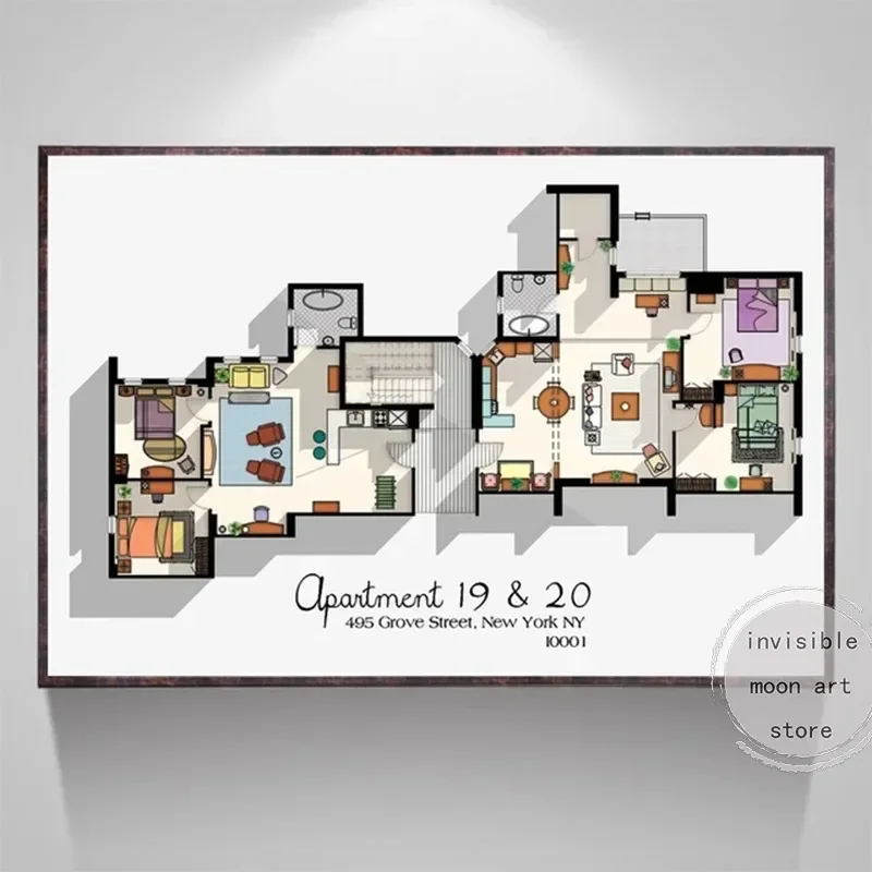 خطة أرضية شقة برنامج تلفزيوني صديق، كيف قابلت أمك برنامج تلفزيوني لوحة قماشية جمالية ملصقات ومطبوعات صورة فنية جدارية