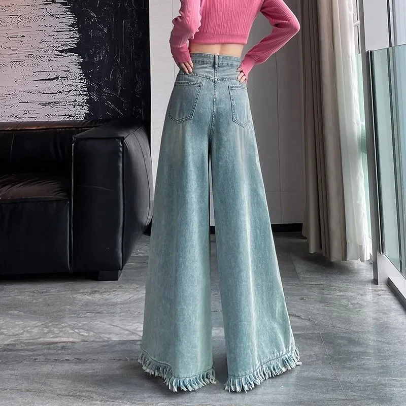 

High Waist Casual Straight Tube Wide Leg Denim Pantalones Baggy Vaqueros Spring Fall Design Sense Tassel Ragged Edge Jeans Women