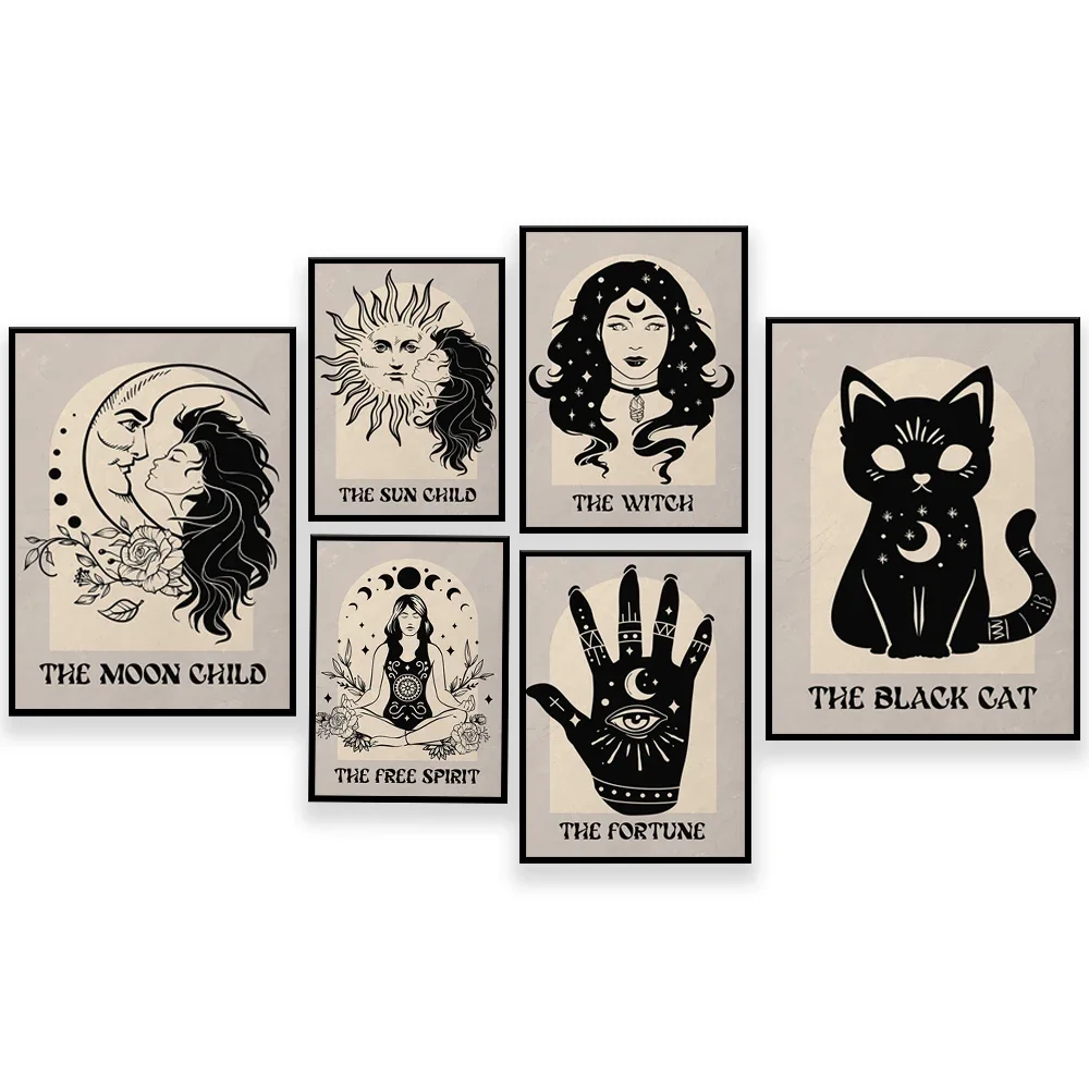 Wealth, free spirit, sun, elixir, black cat, moon tarot style boho mystic poster, astrology, celestial sun and moon, good luck,