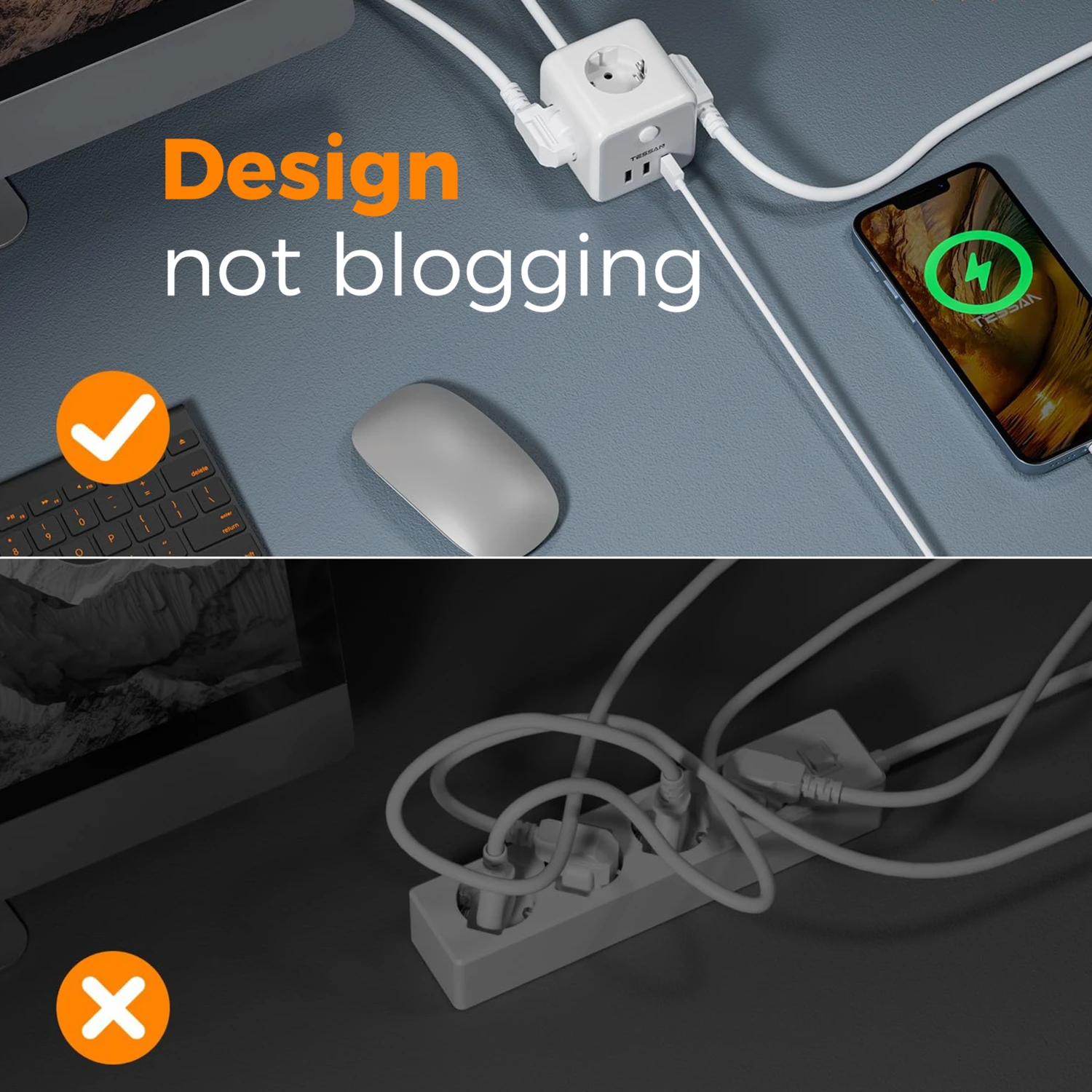 TESSAN Power Strip EU Plug Extension Socket Cube Power Adapter with 3 AC Outlets 3 USB Ports for Home Socket Adapter with Switch