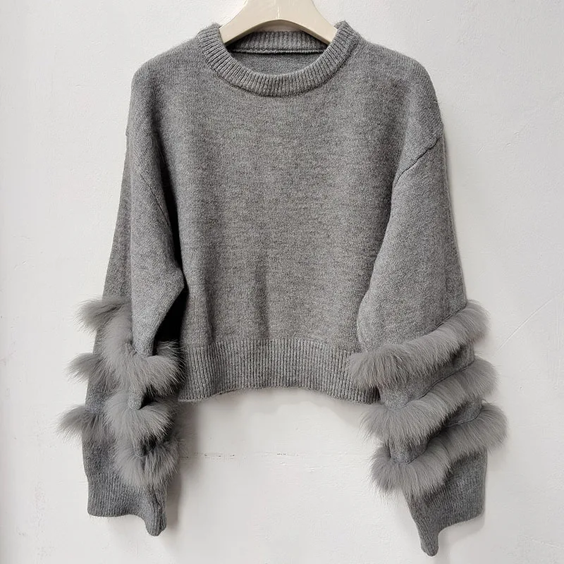 

2025 Autumn New Short Long Sleeve Knitted Pullover Sweater With Real Fox Fur Trim Loose Female O-neck Pull Jumper Top