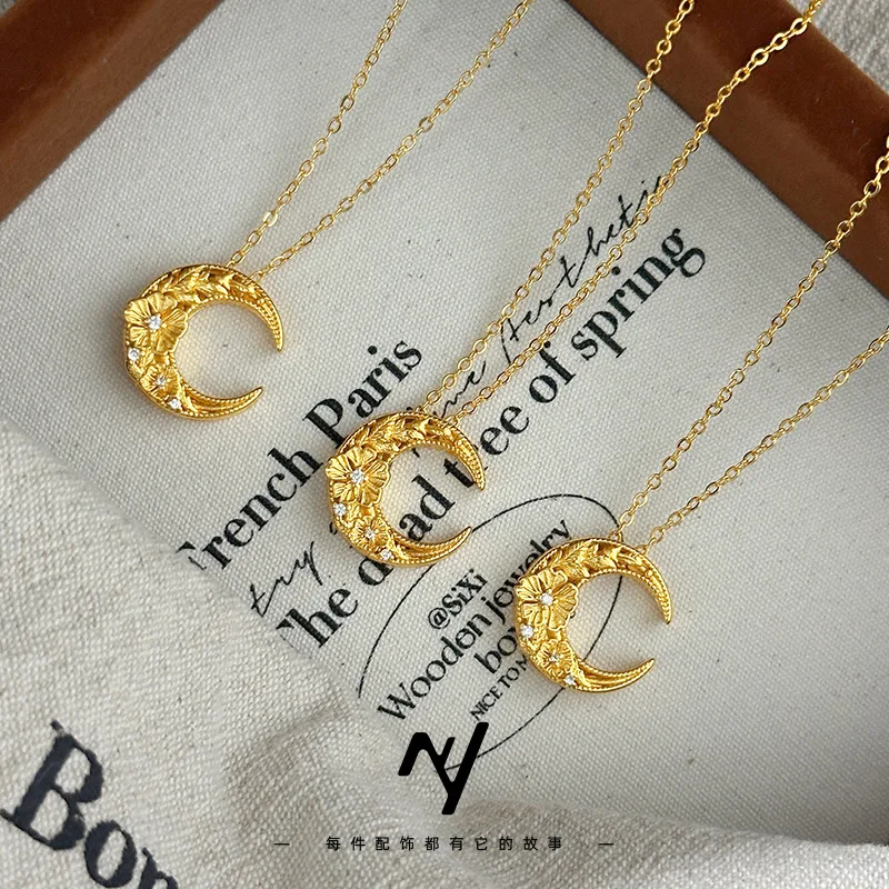 

9999 real glod Golden dot diamond Laurel Goddess Collarbone necklace, ancient method gold fashion Hollowed-out flower moon neckl