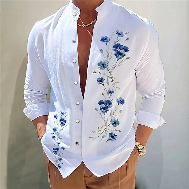 Camisa hawaiana de manga larga para hombre, cárdigan con estampado 3D de notas musicales, cuello levantado, camisa informal de un solo pecho, XS- 6X, verano 2024