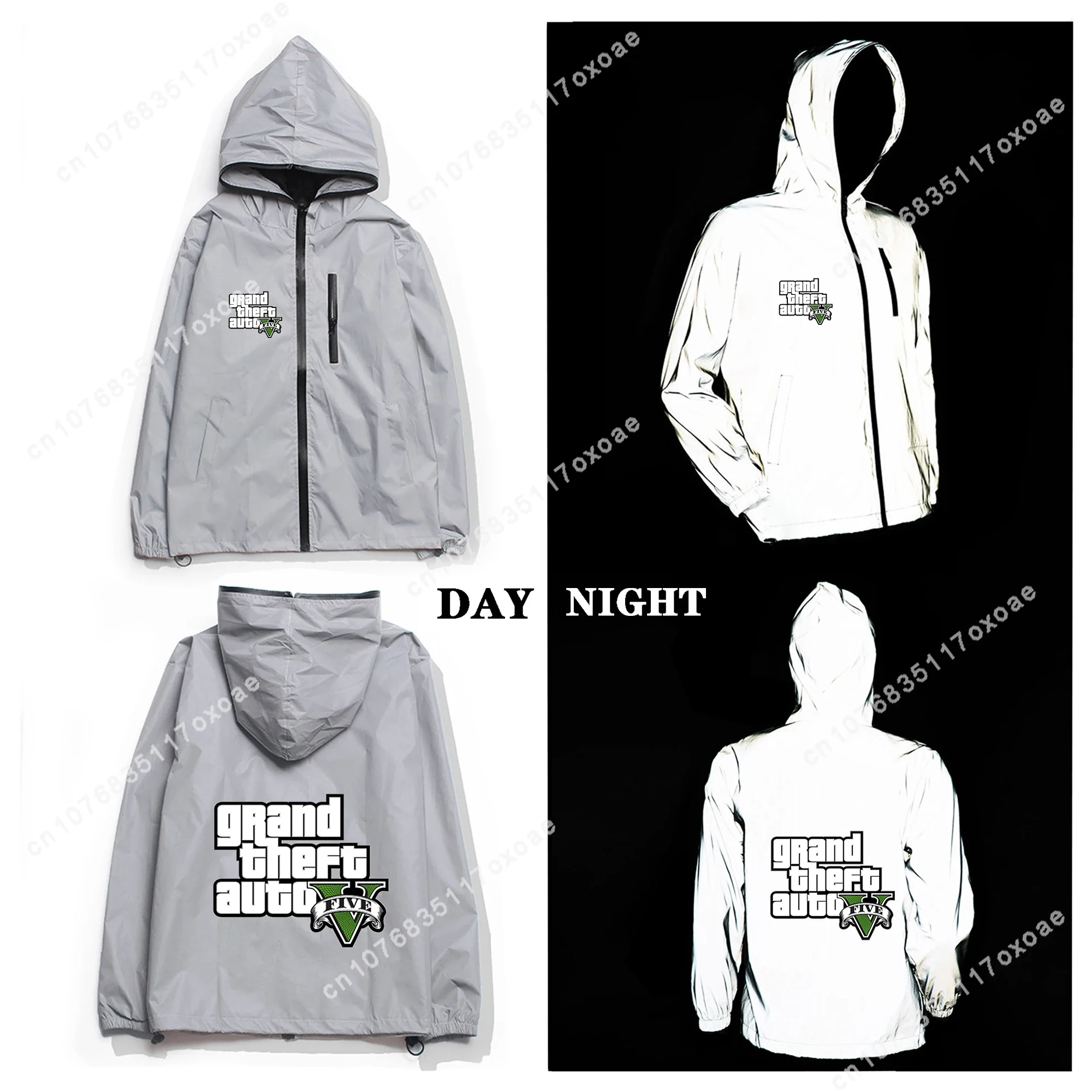 

GTA V 5 Reflective Jacket Mens Womens Coat Hooded Windbreaker Pocket Jackets Anime Game Cartoon Manga Customization Hoodie