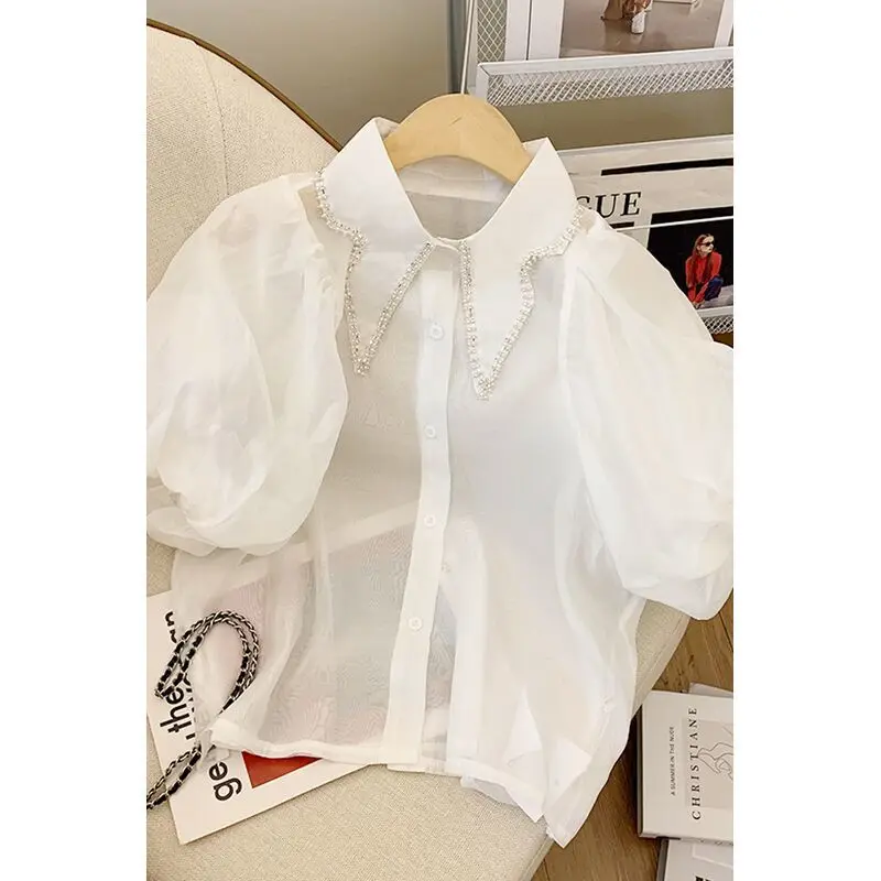 2022 verão nova moda luz de luxo branco chiffon camisa feminina sexy confortável colar pérola coreano topos boutique roupas