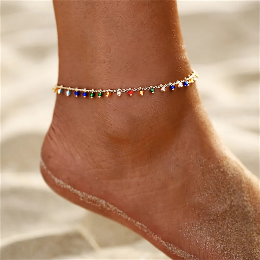 

2025 Fashion Trendy Foot Jewelry Colorful Crystal Rhinestone Drop Anklet Summer Barefoot Ankle Leg Bracelets Gift for Women Girl