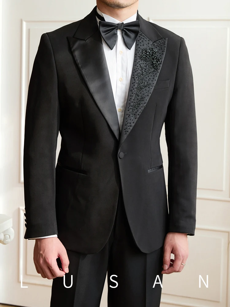 Black Slim-fit Dress Suit Small-bourgeois Temperament Host Hand-made Beaded Wedding Banquet Men's Suit