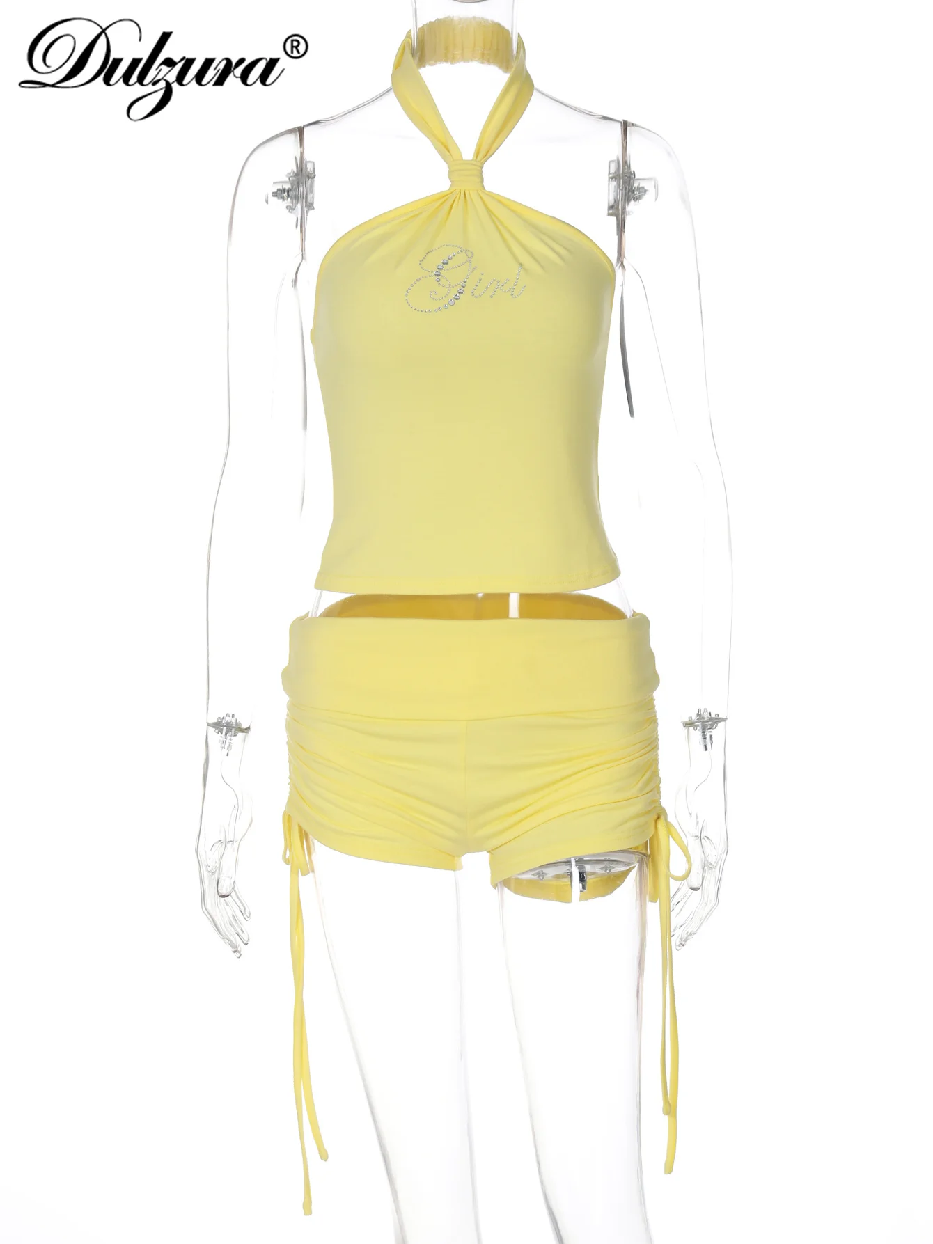 Dulzura Set corto da 2 pezzi casual elegante e sexy con scollo all'americana e strass in cristallo scintillante, pantaloni con lacci increspati, set coordinato per party club