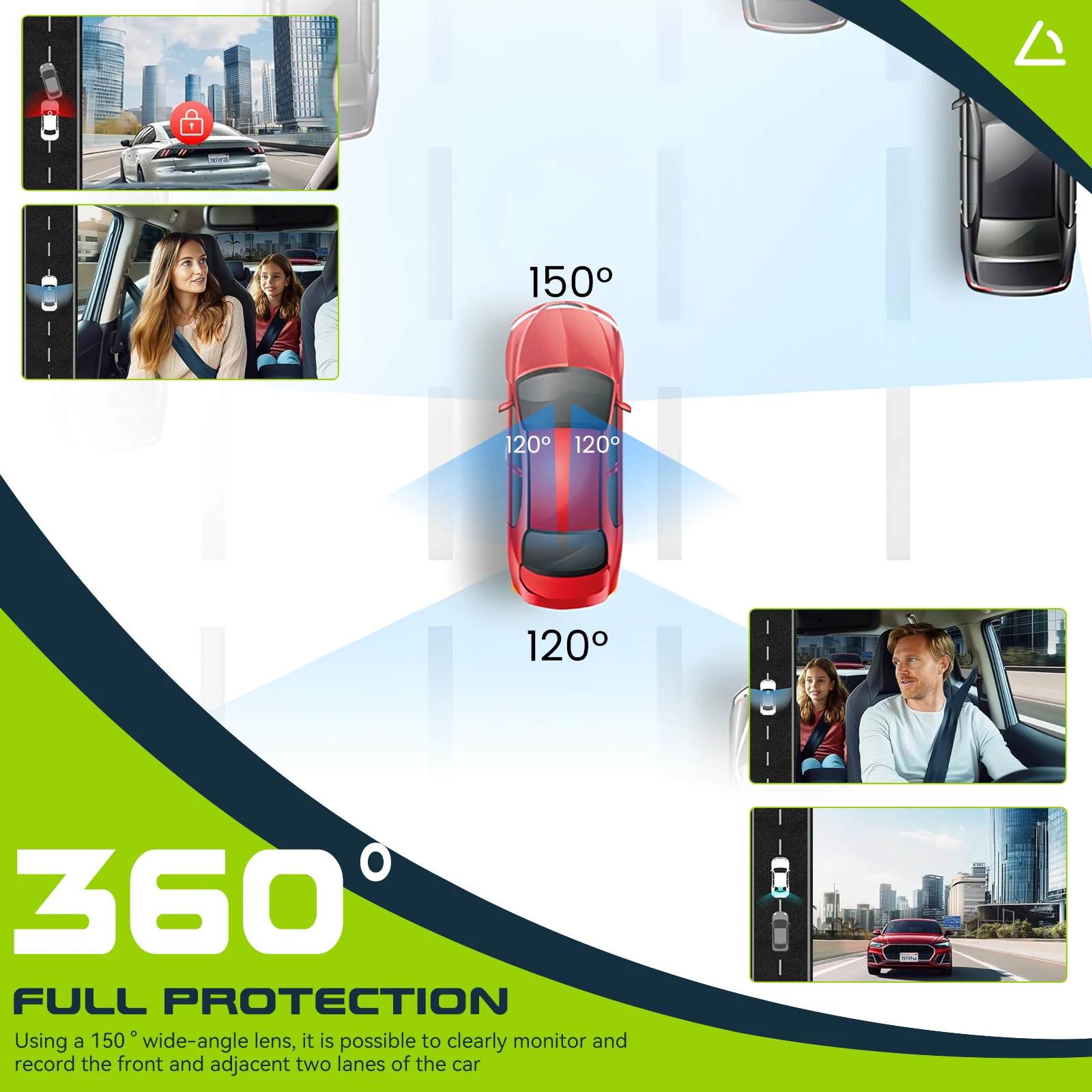 Podofo 3,16'' Dashcam mit vier HD-Objektiven, Bewegungserkennung, Auto-DVR, mehrsprachiger Auto-Videorekorder 150 ° Großer Betrachtungswinkel – Detail 13