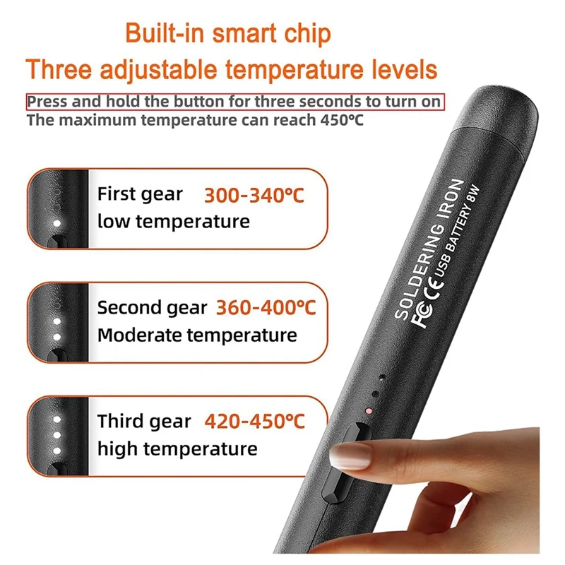 Mini kit de ferro de solda sem fio, caneta de ferro de solda elétrica sem fio USB, ajuste de 3 temperaturas
