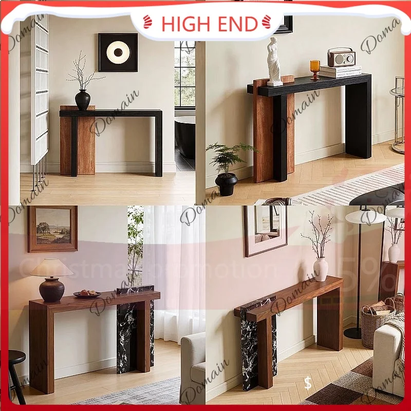 SF Wabi-Sabi Solid Wood Natural Travertine Entryway Console Table Narrow Long Table for Hallway Living Room Creative Decor
