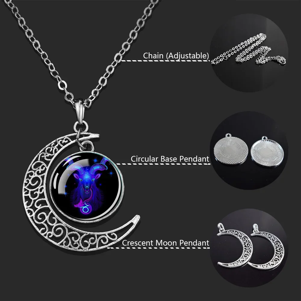 مضيئة 12 الأبراج علامات زودياك القلائد الهلال قلادة على شكل قمر قلادة سلاسل للنساء والرجال هدايا عيد ميلاد مجوهرات