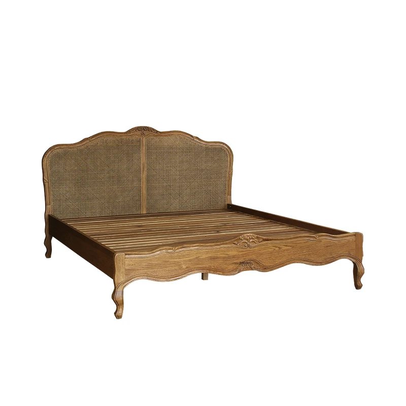 

Retro old rattan surface solid wood carving flower bed American country oak French solid wood bedroom double bed