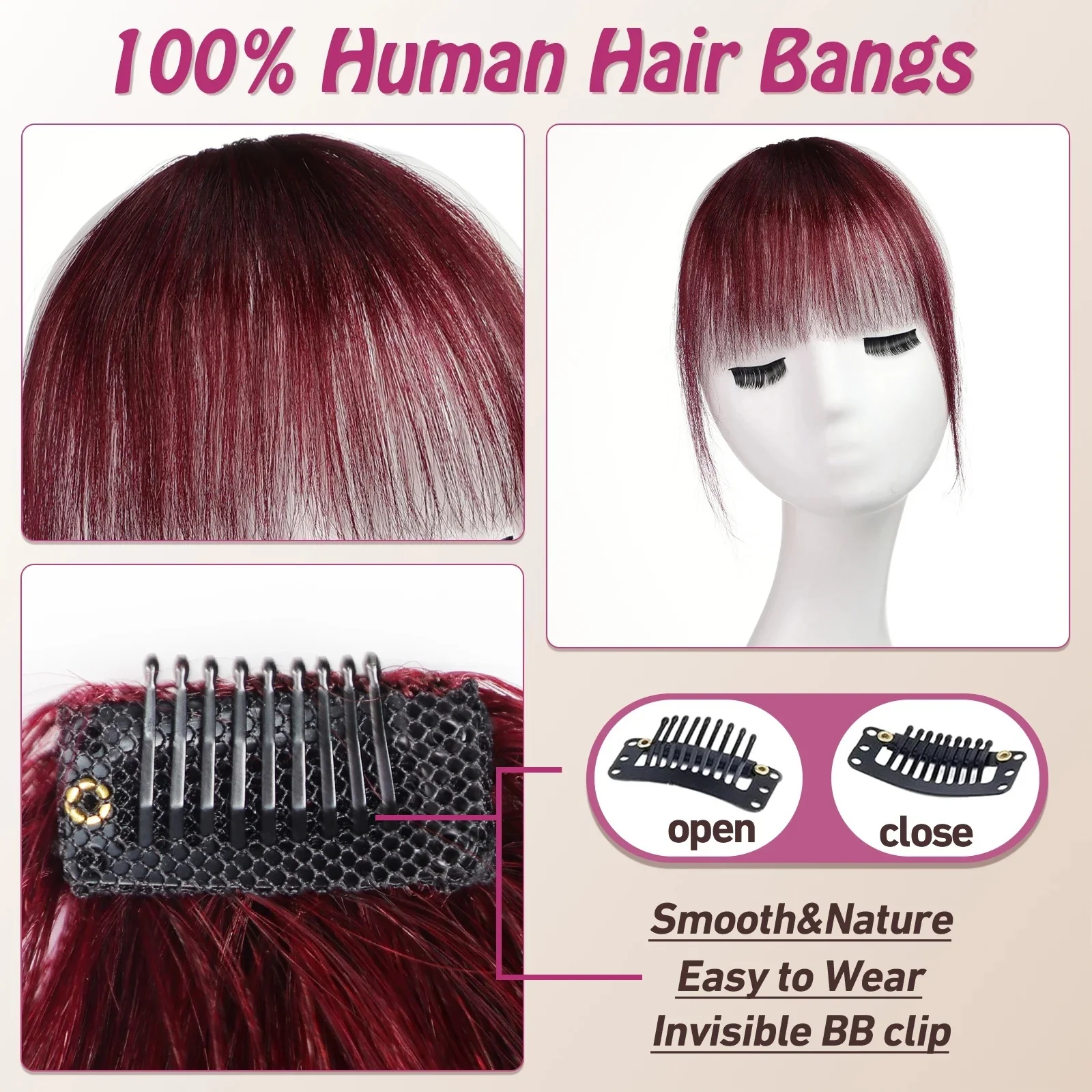 100% Human Hair Burgundy Red Bangs Clip in Fringe Hairpiece for Women Daily Wear Natural Look Hair Topper for Thinning Hair