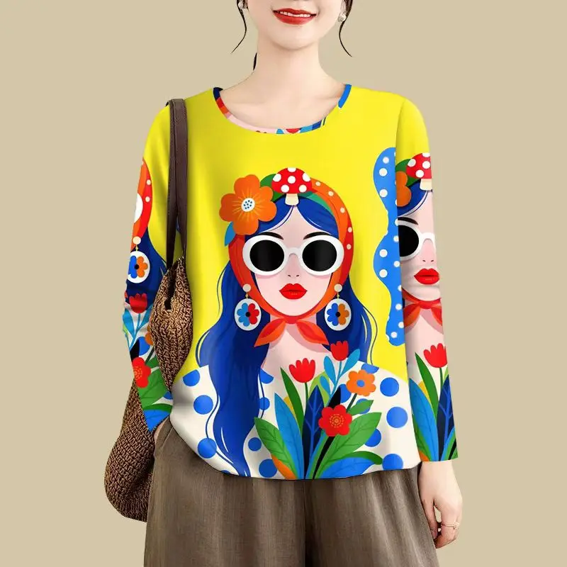 Artistic Graphic Long-Sleeve Top: Vibrant Retro Lady Print with Floral & Polka Dot Details for Boho Chic Style Sweet Women Loose