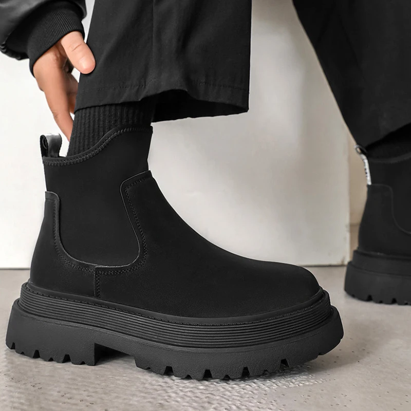 men's casual stage nightclub chelsea boots slip-on cow suede leather shoes cowboy platform ankle boot black stylish chunky botas