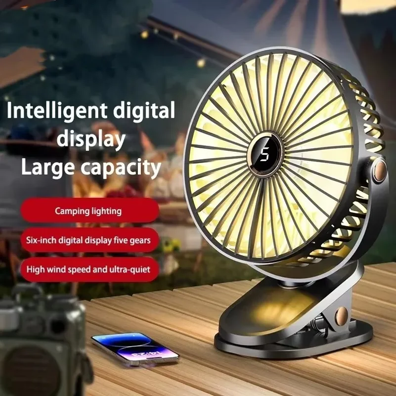 8000mAh Clip-on Fan 5 Speed Quiet Rechargeable Desktop Portable Air Circulator Wireless Fan With LED Light For Camping