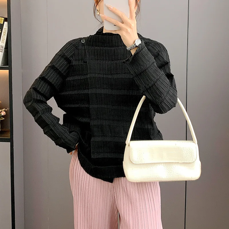 YFPF Miyake geplooid ontwerp shirt voor dames mode effen kleur knop lange mouw blouse streetwear 2025, nieuwe kleding