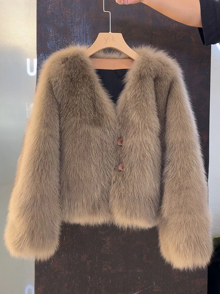 V Neck Faux Fur Fox Coat Women Vintage Slim Long Sleeve Elegant Jacket Winter Casual Female All Match Korean Soft Solid Outwear