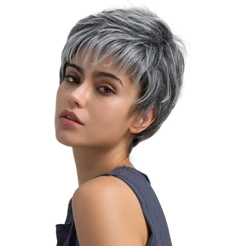 WHIMSICAL W Synthetic Short Mixed Grey Wigs with Bangs Heat Resistant Pixie Cut Wig for White Women Daily Use Wigs