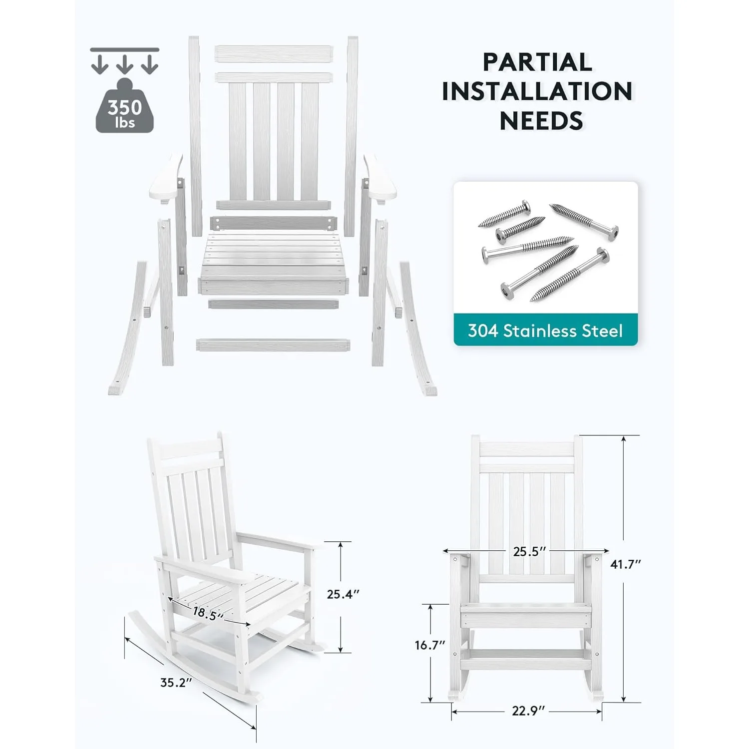 كرسي هزاز خارجي، كرسي هزاز HDPE للبالغين، هزازات الشرفة لجميع الأحوال الجوية لحديقة الحديقة، أبيض #3