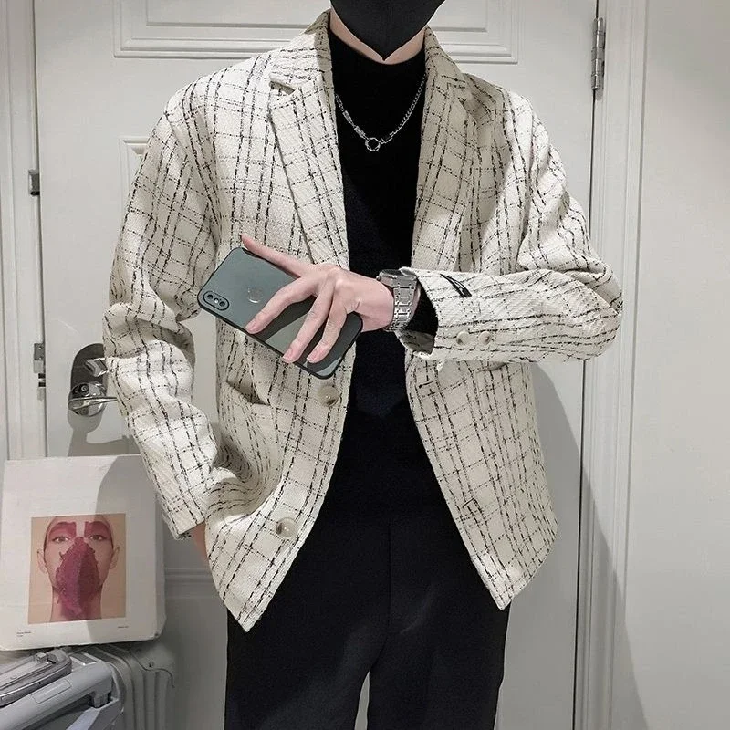 

Новые классические клетчатые мужские пиджаки, однобортный мужской пиджак, красивый повседневный модный корейский стиль, одежда, простое пальто