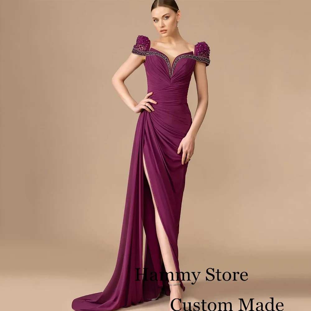 Grape Purple Evening Dress Short Sleeves V Neck Pleat Beading Sequined High Split Chiffon Mermaid Prom Dresses Saudi Party Gown