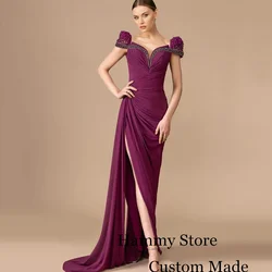 Grape Purple Evening Dress Short Sleeves V Neck Pleat Beading Sequined High Split Chiffon Mermaid Prom Dresses Saudi Party Gown