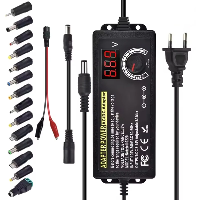Adjustable Power Supply Variable AC-DC Power Adapter Laboratory 3V-24V-3A with US/EU Plug Female Home Appliance Alligator Clip