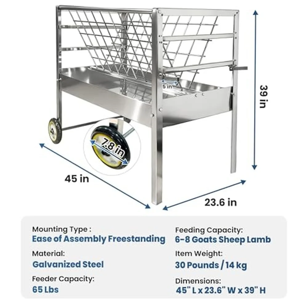 2 in 1 Hay Feeder with Wheels Galvanized Steel 65LBS Livestock Feeder Trough Easy to Assemble and Carry for Goats Sheep
