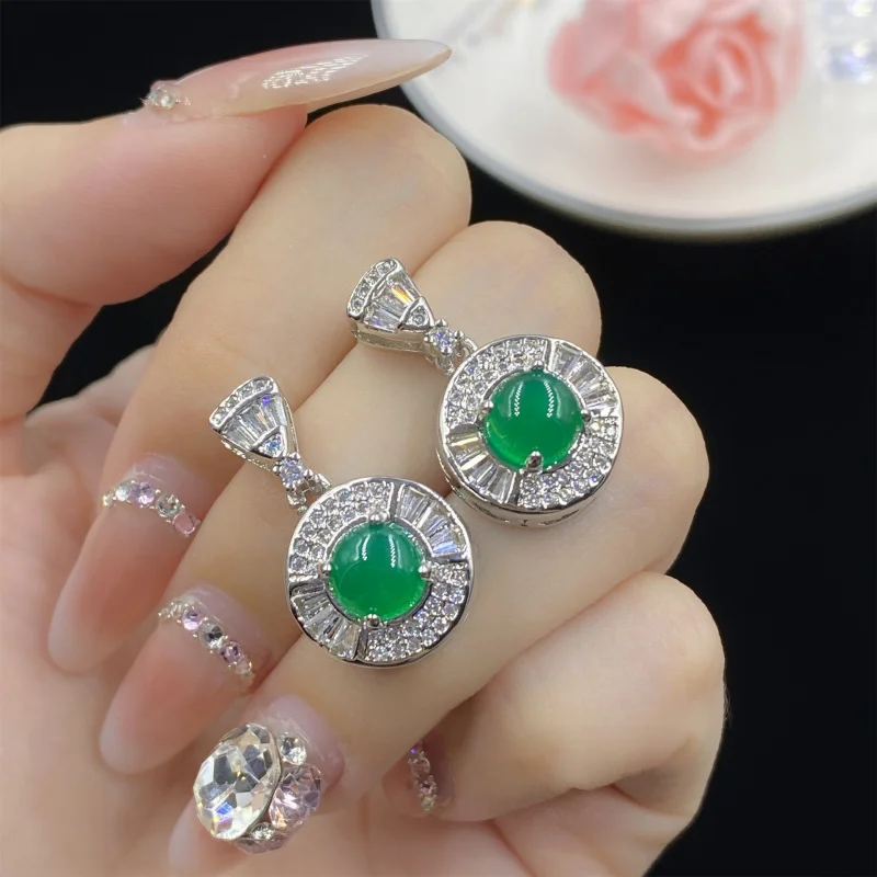 

Открытое кольцо из трех частей с натуральным зеленым халцедоном и агатом для женщин, элегантный роскошный комплект серег с подвеской