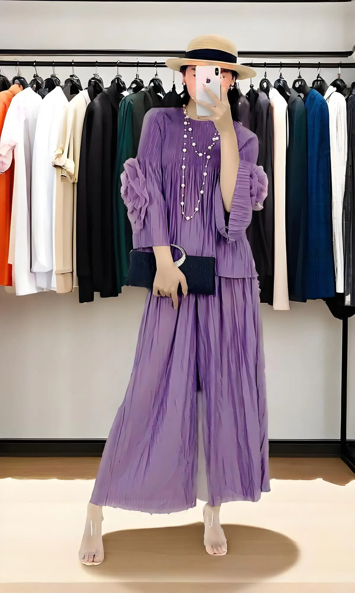 

Miyake 2025 Fashion Pleated New Retro Gradual Change Color Women's Pleated Pants Set Disc Flower Long-sleeved Top Two-piece Set