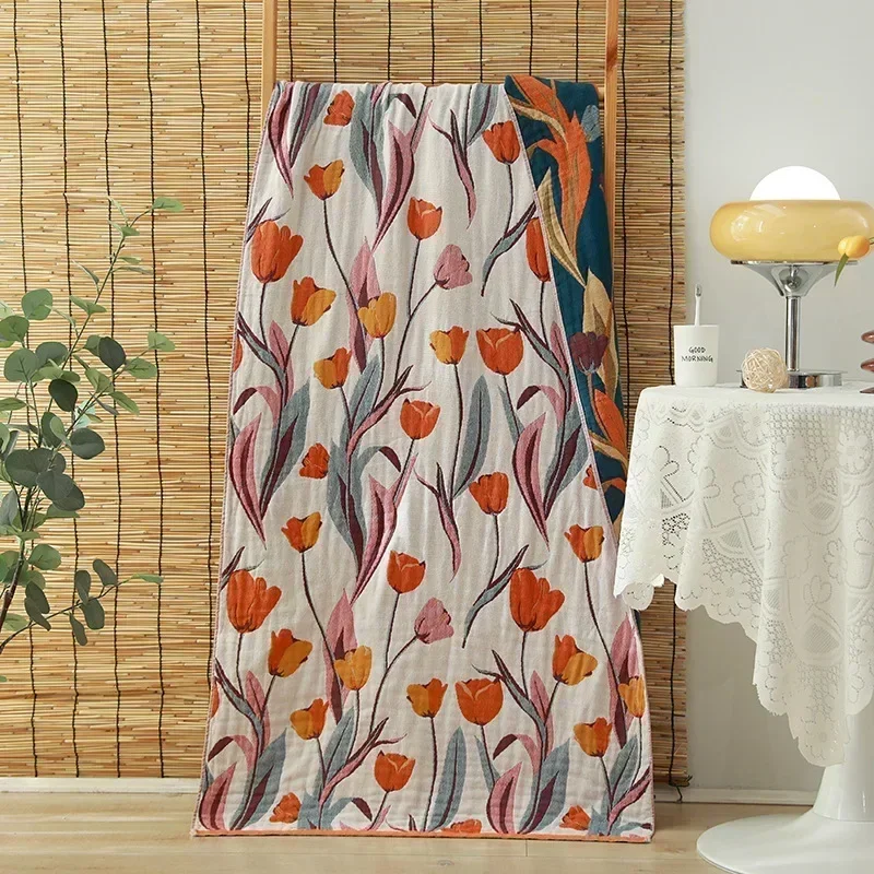 Cartoon Tulip Print Cotton Big Towel for Bath for Kids Men Women Bathroom Luxury Four-layer Gauze Super Absorbent Towel 70×150CM