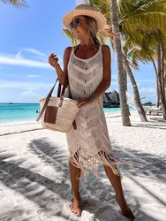 2023 White Crochet Tunic Bikini Cover-ups Sexy Hollow Out Dress Women Summer Clothes See Through Beach Wear Tassel Cover Up