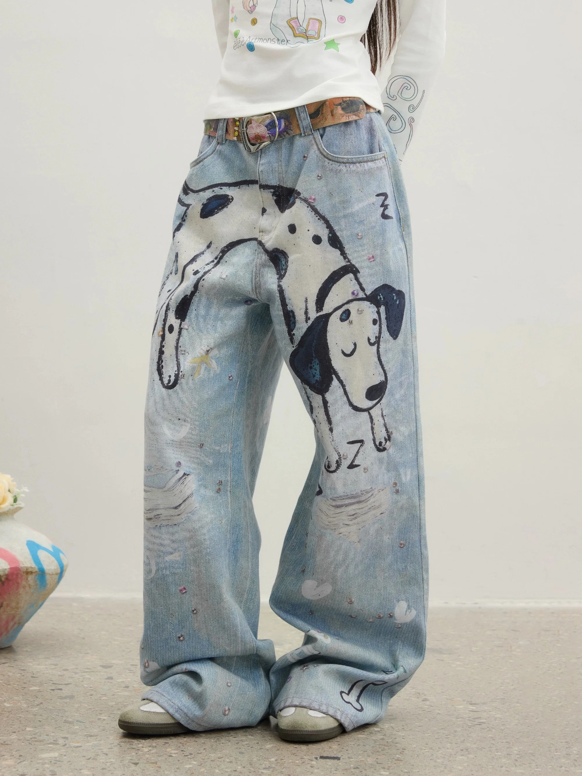 Y2K Puppy Print Jeans Women American Washed Distressed Retro Autumn Trend Loose Straight Wide Leg Pants