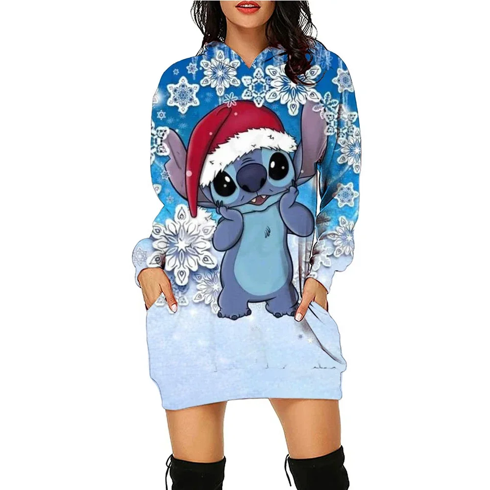 Autumn and Winter Christmas New Print Birthday Party Dress Disney Stitch Women\'s Simple Fashion Sweatshirt Hoodie