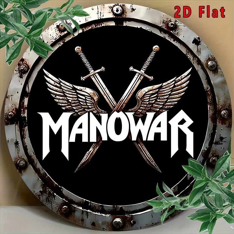 Sinal de alumínio plano 2D - Decoração de parede de metal vintage "MANOWAR" com espadas e asas cruzadas, fundo preto, acabamento rústico, fácil de usar