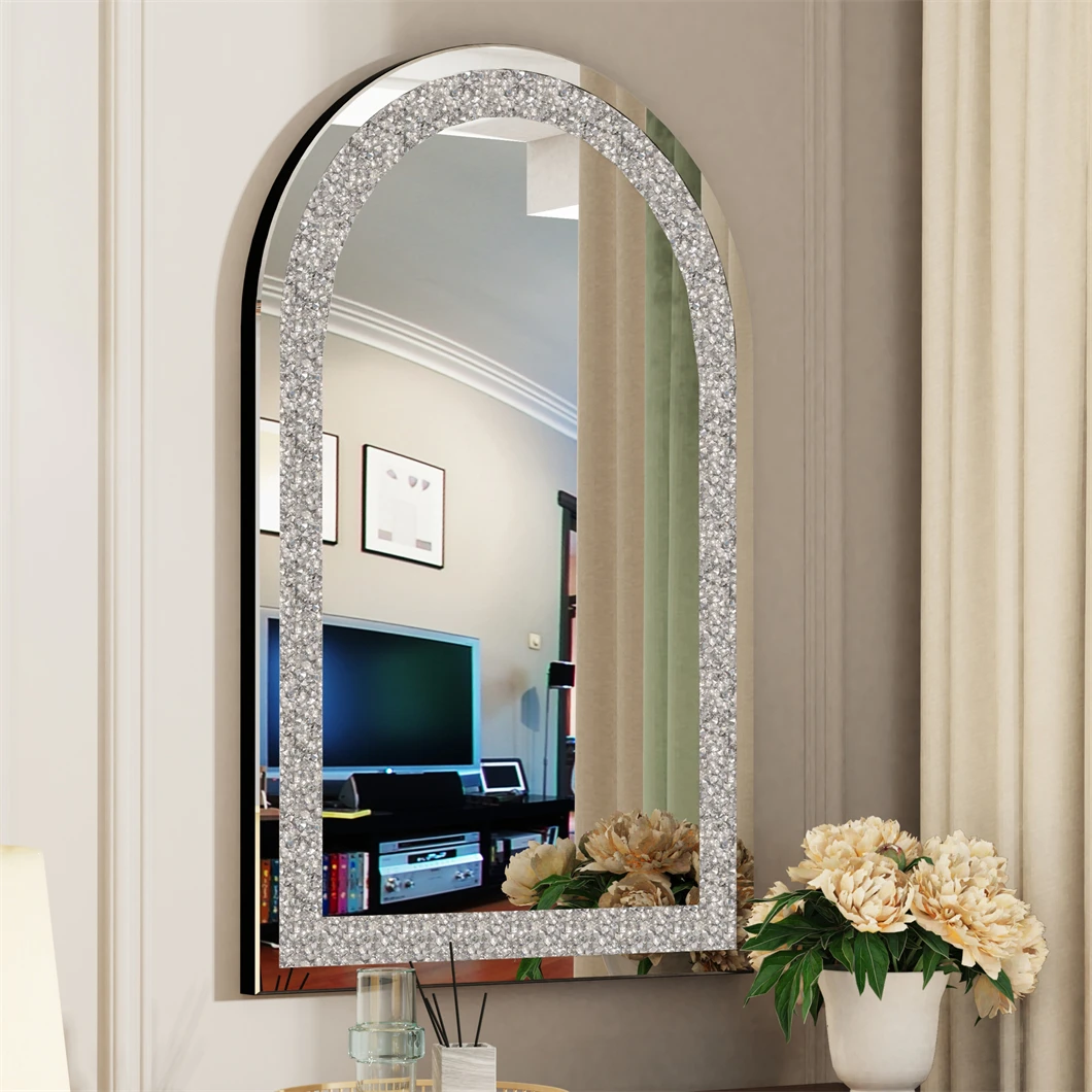 Large Decor Mirror for Home living Room Crushed Diamond Crystal Glass Silver Frame Bevelled Wall Mirror 90 x 60 cm