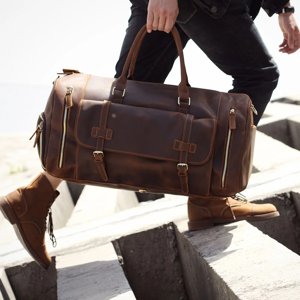 S.WORKER Luxuriöse Reisetasche aus Vollnarbigem Rindsleder im Vintage-Stil, Große Handgepäcktasche – Detail 5