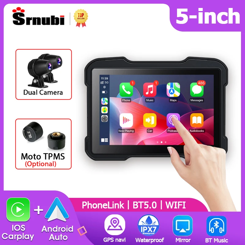 

Srnubi 5" Mortorcycle DVR 1080P Dual Camera Navigation GPS Wireless Carplay Android Auto Mirror Link Voice Bluetooth with TPMS