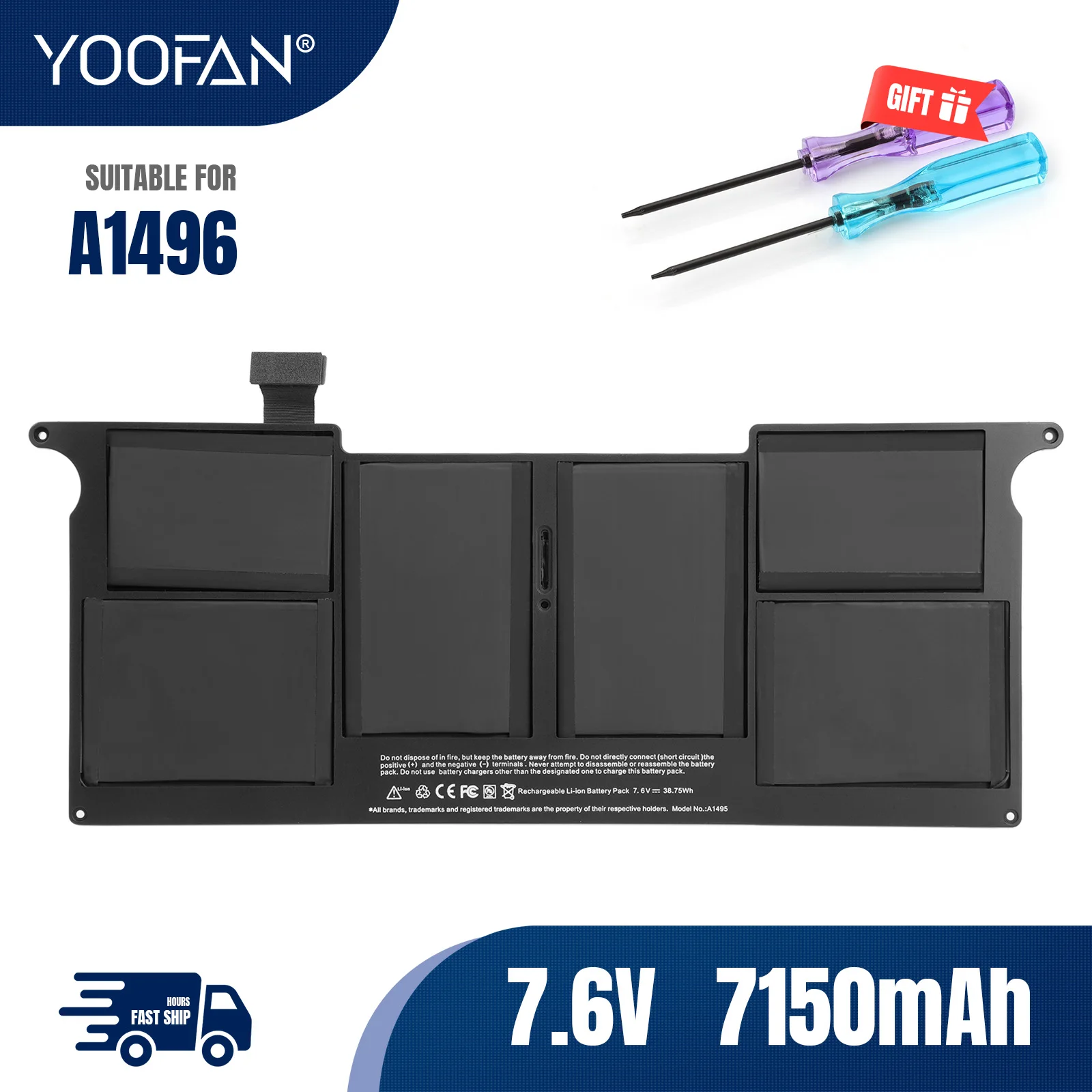 YOOFAN New A1496 Laptop Battery 7.6V 7150mAh For Apple MacBook Air 13