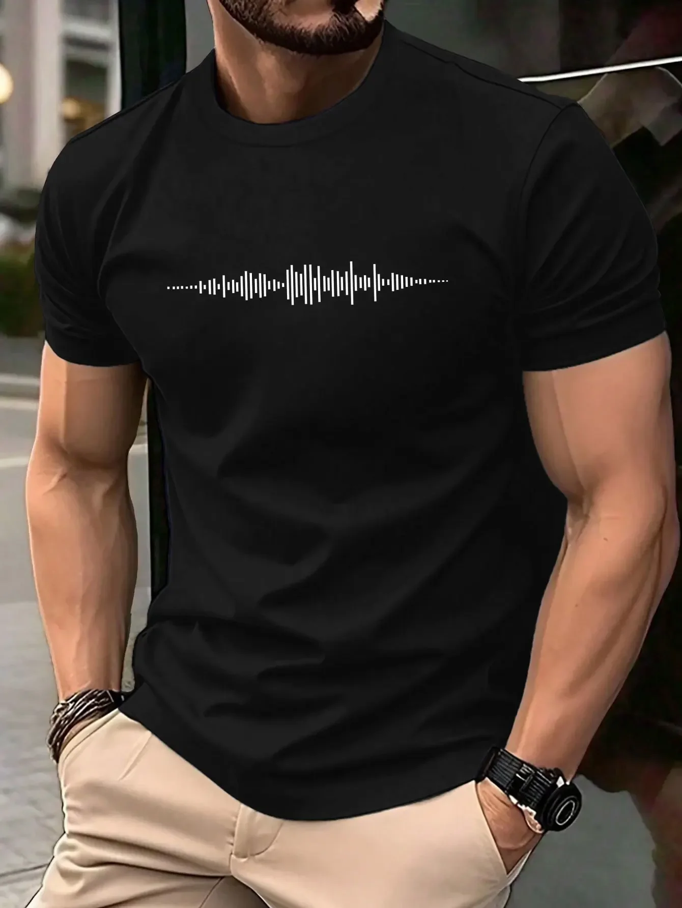 Fashion Men's Minimalist Sound Wave Graphic T‑Shirt Simple Audio Waveform Print Crew Neck Short Sleeve Casual Street Tee Tops