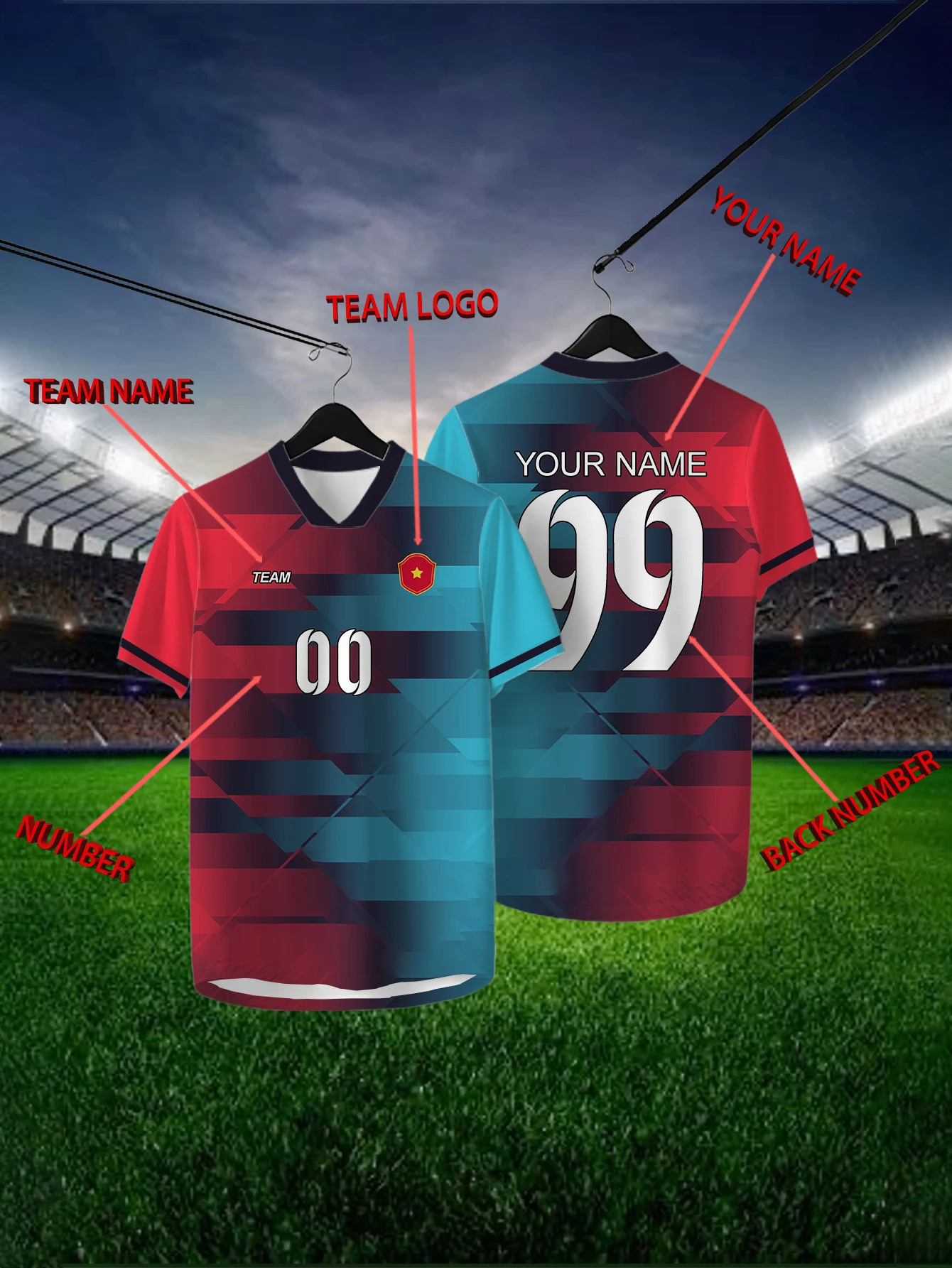 

Customized Geometric Red Short Sleeved Shirt with Team Name, Emblem, Name and Number, Outdoor Sports Short Sleeved T-shirt