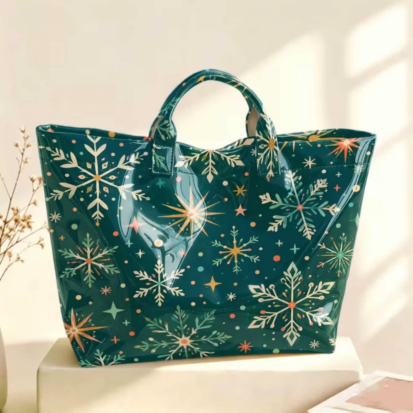 Christmas Snowflake Print PVC Tote Handbag Waterproof Large Capacity Shoulder Bag Holiday Party Daily Commute Shopping Bag
