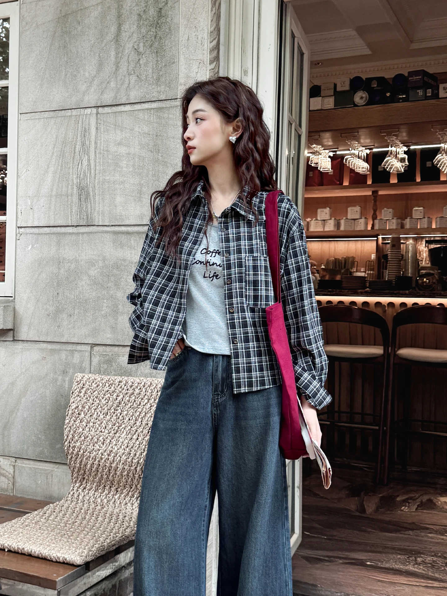 

Свободный клетчатый жилет Long Sve, вязаный жилет, комплект из двух предметов, ранняя осень, модный женский корейский жилет для поездок на работу и ветер