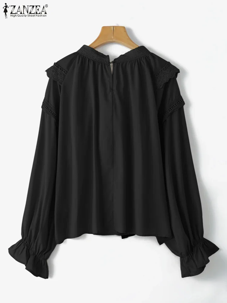 ZANZEA 2025 Frauen Langarm Elegante Bluse 2025, Rüschen Shirts Bogen Kragen Farbe Patchwork Casual Tops Lose Mode Blusas